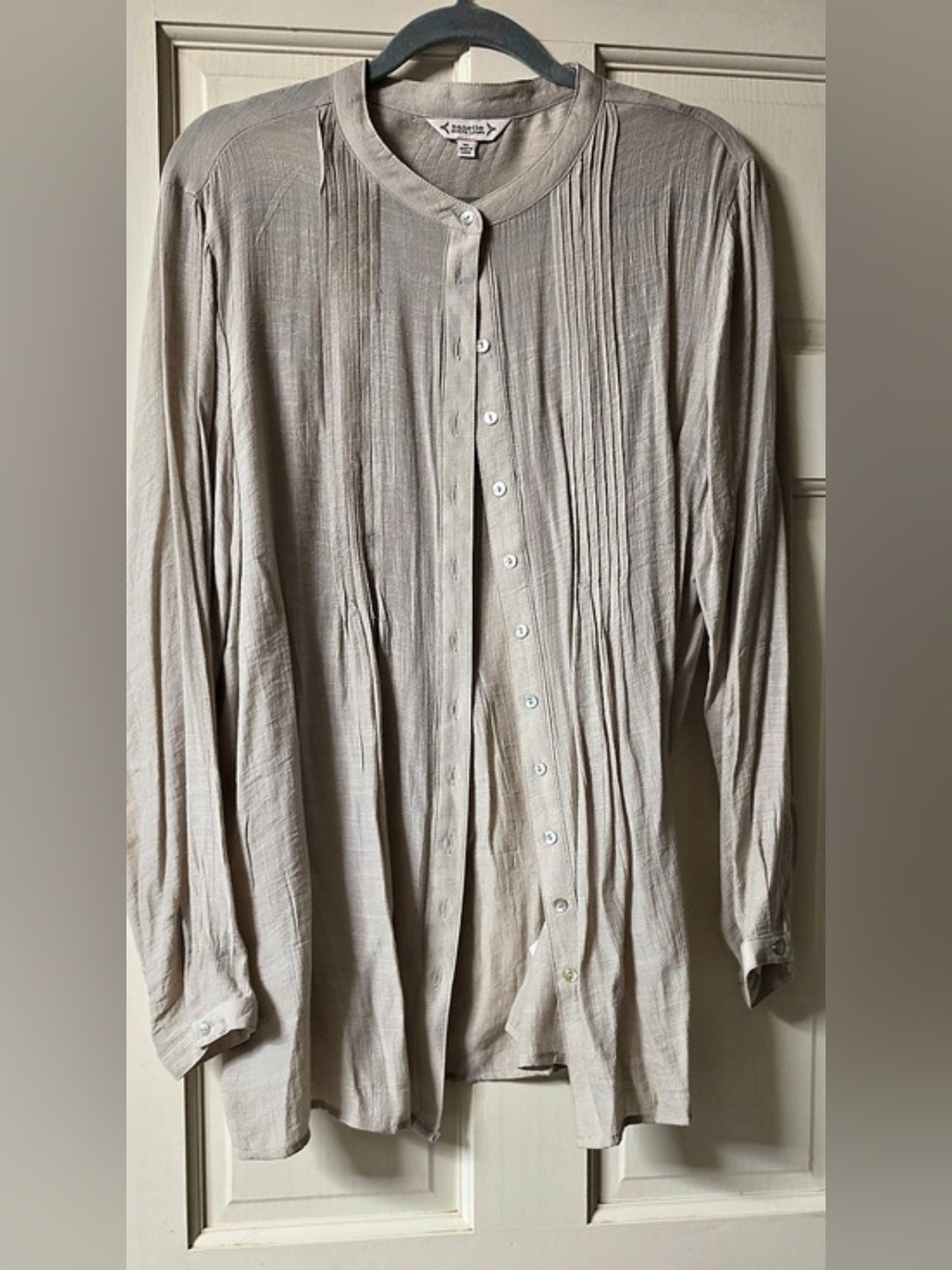 Nanette Lepore Beige Tunic Blouse Pleated Button Front Round Neck Long Sleeve XL